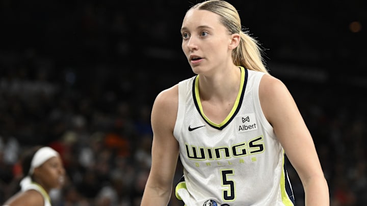 Dallas Wings guard Paige Bueckers (5) defends against the Las Vegas Aces in the third quarter of their game at Michelob Ultra Arena.