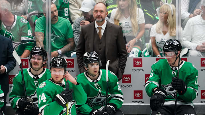 Apr 19, 2025; Dallas, Texas, USA; Dallas Stars head coach Peter DeBoer on the bench during the second period in game one of the first round of the 2025 Stanley Cup Playoffs against the Colorado Avalanche at American Airlines Center. Mandatory Credit: Raymond Carlin III-Imagn Images