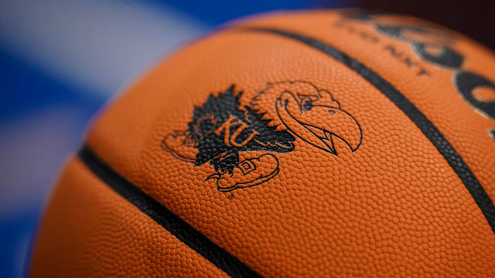 Dec 22, 2023; Lawrence, Kansas, USA; A detail view of the logo on basketballs prior to a game between the Kansas Jayhawks and Yale Bulldogs at Allen Fieldhouse. Mandatory Credit: Denny Medley-Imagn Images Dec 22, 2023; Lawrence, Kansas, USA; A detail view of the logo on basketballs prior to a game between the Kansas Jayhawks and Yale Bulldogs at Allen Fieldhouse. Mandatory Credit: Denny Medley-Imagn Images