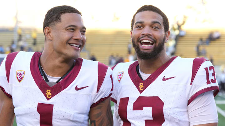 Oct 28, 2023; Berkeley, California, USA; USC Trojans quarterback Caleb Williams (13) walks off the