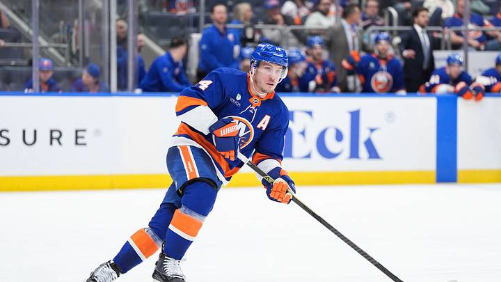 Apr 3, 2026; Elmont, New York, USA;  New York Islanders forward Bo Horvat skates up ice during the third period against the Philadelphia Flyers at UBS Arena. Mandatory Credit: Alexander Wohl-Imagn Images