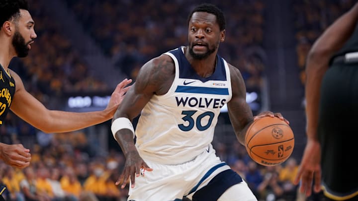 Minnesota Timberwolves forward Julius Randle dribbles the ball against the Golden State Warriors in the first quarter during Game 4 of their Western Conference semifinal at Chase Center in San Francisco on May 12, 2025.
