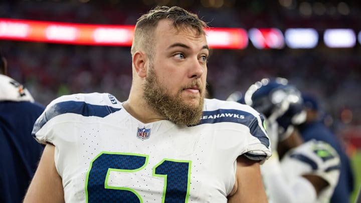Dec 8, 2024; Glendale, Arizona, USA; Seattle Seahawks offensive tackle Jalen Sundell (61) against the Arizona Cardinals at State Farm Stadium. 