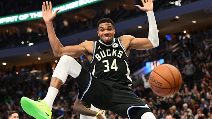 Milwaukee Bucks forward Giannis Antetokounmpo (34) reacts after dunking a basket in the third quarter against the Indiana Pacers at Fiserv Forum.