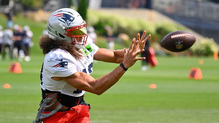Jul 28, 2026; Foxborough, MA, USA; New England Patriots wide receiver Mack Hollins (13) makes a catch during training camp at Gillette Stadium. Mandatory Credit: Eric Canha-Imagn Images Jul 28, 2026; Foxborough, MA, USA; New England Patriots wide receiver Mack Hollins (13) makes a catch during training camp at Gillette Stadium. Mandatory Credit: Eric Canha-Imagn Images