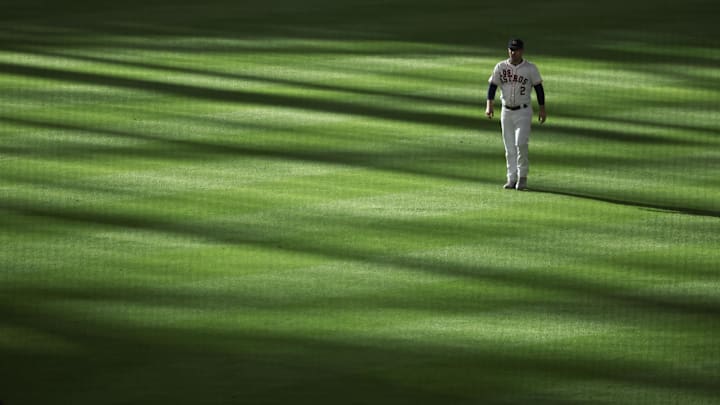 Houston Astros third baseman Alex Bregman warms up before playing against the Los Angeles Angels at Minute Maid Park. 