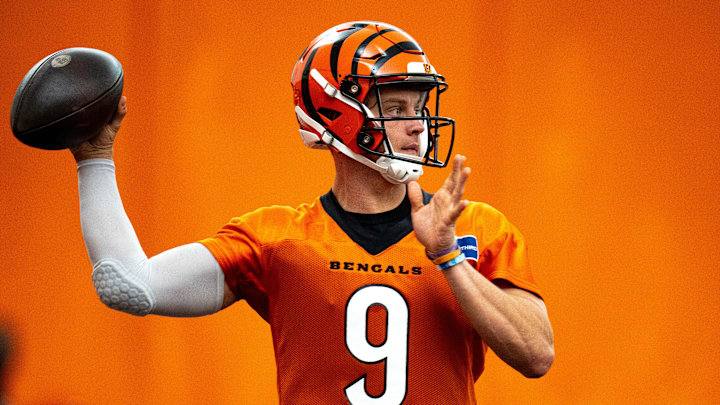 Cincinnati Bengals quarterback Joe Burrow (9) throws a pass at Bengals spring practice at the IEL Indoor Facility in Cincinnati on Tuesday, June 11, 2024. Cincinnati Bengals quarterback Joe Burrow (9) throws a pass at Bengals spring practice at the IEL Indoor Facility in Cincinnati on Tuesday, June 11, 2024.
