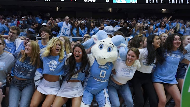 Nov 7, 2022; Chapel Hill, North Carolina, USA;  North Carolina Tar Heels fans get ready before the game against the North Carolina-Wilmington Seahawks at Dean E. Smith Center. Mandatory Credit: James Guillory-Imagn Images