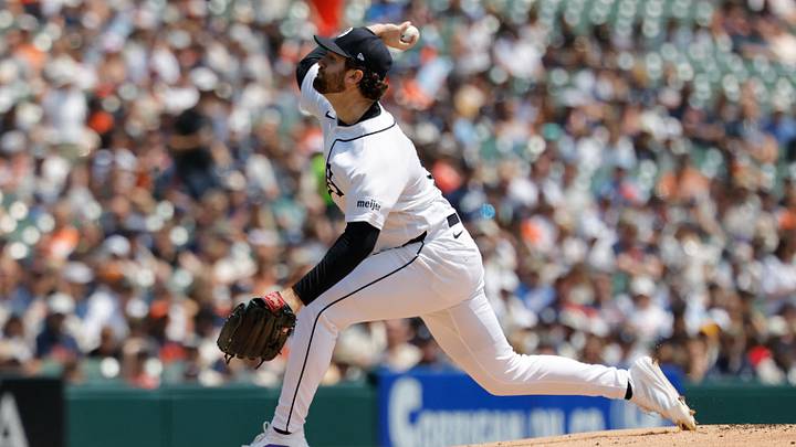Jul 25, 2026; Detroit, Michigan, USA;  Detroit Tigers pitcher Casey Mize (12) pitches in the first inning against the Kansas City Royals at Comerica Park. Mandatory Credit: Rick Osentoski-Imagn Images