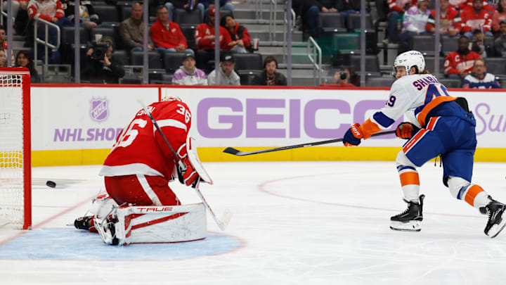 Nov 20, 2025; Detroit, Michigan, USA; New York Islanders right wing Max Shabanov (49) shoots and scores on Detroit Red Wings goaltender John Gibson (36) in the third period at Little Caesars Arena. Mandatory Credit: Rick Osentoski-Imagn Images Nov 20, 2025; Detroit, Michigan, USA; New York Islanders right wing Max Shabanov (49) shoots and scores on Detroit Red Wings goaltender John Gibson (36) in the third period at Little Caesars Arena. Mandatory Credit: Rick Osentoski-Imagn Images