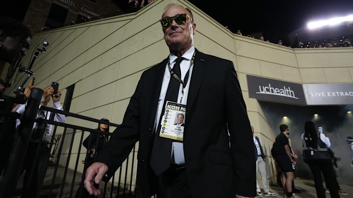Sep 16, 2023; Boulder, Colorado, USA; Colorado Buffaloes athletic director Rick George before the game against the Colorado State Rams at Folsom Field. Mandatory Credit: Ron Chenoy-Imagn Images