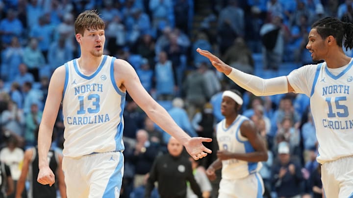 Dec 7, 2025; Chapel Hill, North Carolina, USA; North Carolina Tar Heels center Henri Veesaar (13) reacts with forward Jarin Stevenson (15) after the game at Dean E. Smith Center. Mandatory Credit: Bob Donnan-Imagn Images Dec 7, 2025; Chapel Hill, North Carolina, USA; North Carolina Tar Heels center Henri Veesaar (13) reacts with forward Jarin Stevenson (15) after the game at Dean E. Smith Center. Mandatory Credit: Bob Donnan-Imagn Images