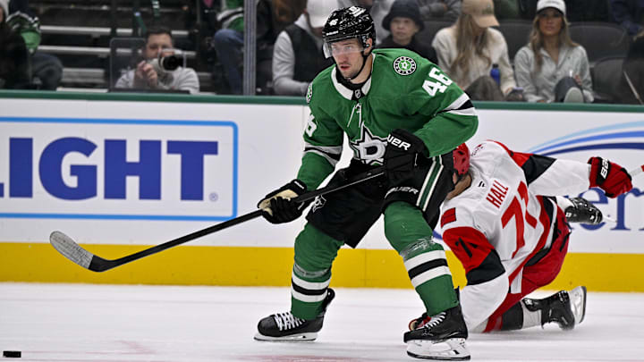 Oct 25, 2025; Dallas, Texas, USA; Dallas Stars defenseman Ilya Lyubushkin (46) skates against the Carolina Hurricanes during the game between the Stars and the Hurricanes at the American Airlines Center. Mandatory Credit: Jerome Miron-Imagn Images