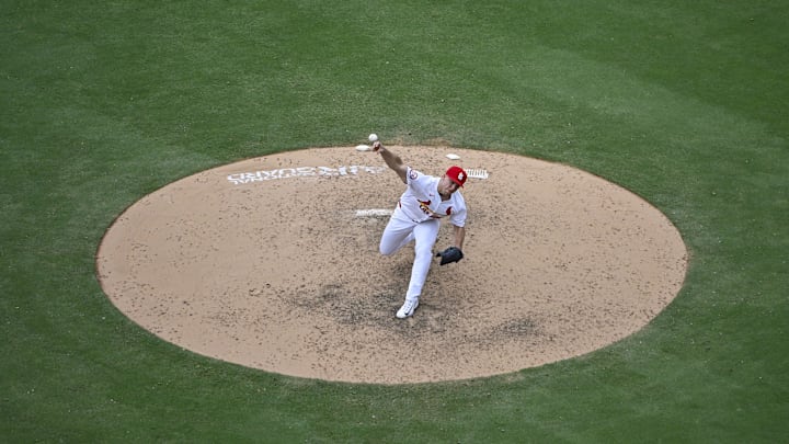 Aug 29, 2024; St. Louis, Missouri, USA;  St. Louis Cardinals relief pitcher Ryan Helsley (56) pitches against the San Diego Padres during the ninth inning at Busch Stadium. Mandatory Credit: Jeff Curry-Imagn Images