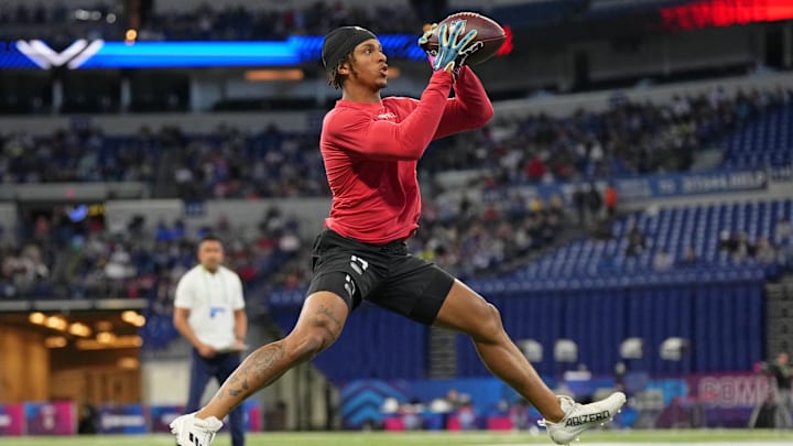 Mar 4, 2023; Indianapolis, IN, USA; North Carolina wide receiver Josh Downs (WO14) participates in