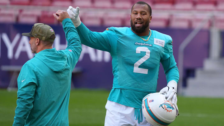 Miami Dolphins linebacker Bradley Chubb (2) during practice at Estadio Riyadh Air Metropolitano in Spain.