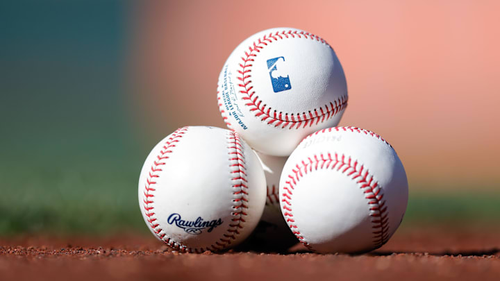 Jun 19, 2025; West Sacramento, California, USA; A detail view of official Rawlings Major League Baseballs before the game between the Athletics against the Houston Astros at Sutter Health Park. Mandatory Credit: Sergio Estrada-Imagn Images Jun 19, 2025; West Sacramento, California, USA; A detail view of official Rawlings Major League Baseballs before the game between the Athletics against the Houston Astros at Sutter Health Park. Mandatory Credit: Sergio Estrada-Imagn Images