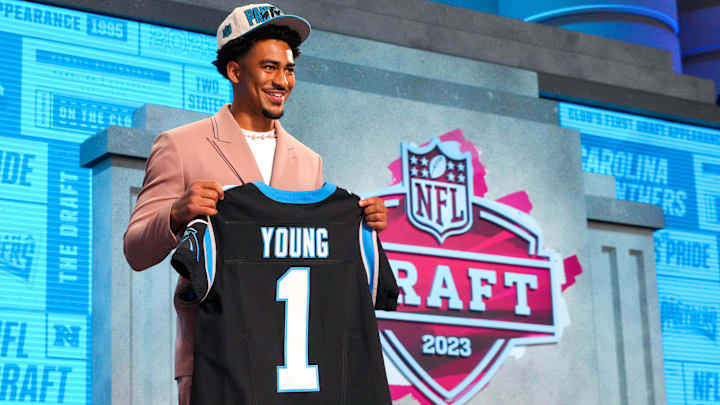Apr 27, 2023; Kansas City, MO, USA; Alabama quarterback Bryce Young on stage after he was drafted first overall by the Carolina Panthers in the first round of the 2023 NFL Draft at Union Station. Mandatory Credit: Kirby Lee-Imagn Images