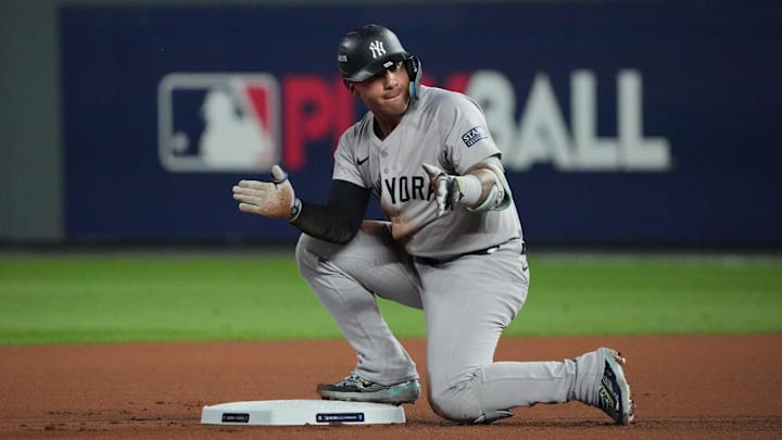 Oct 10, 2024; Kansas City, Missouri, USA; New York Yankees second baseman Gleyber Torres (25) celebrates after a double during the first inning against the Kansas City Royals during game four of the ALDS for the 2024 MLB Playoffs at Kauffman Stadium. Mandatory Credit: Denny Medley-Imagn Images Oct 10, 2024; Kansas City, Missouri, USA; New York Yankees second baseman Gleyber Torres (25) celebrates after a double during the first inning against the Kansas City Royals during game four of the ALDS for the 2024 MLB Playoffs at Kauffman Stadium. Mandatory Credit: Denny Medley-Imagn Images