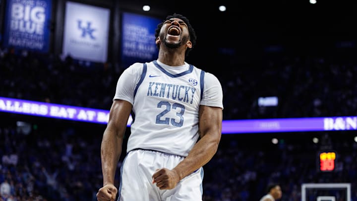 Feb 7, 2026; Lexington, Kentucky, USA; Kentucky Wildcats forward Mouhamed Dioubate (23) celebrates after dunking the ball against the Tennessee Volunteers at Rupp Arena at Central Bank Center. Mandatory Credit: Jordan Prather-Imagn Images