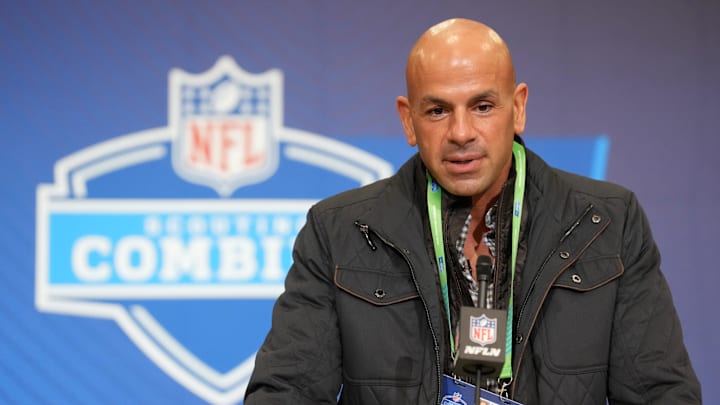Feb 24, 2026; Indianapolis, IN, USA; Tennessee Titans coach Robert Saleh speaks at the NFL Scouting Combine at the Indiana Convention Center. Mandatory Credit: Kirby Lee-Imagn Images