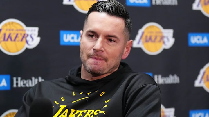 Los Angeles Lakers coach J.J. Redick at a press conference at Crypto.com Arena.