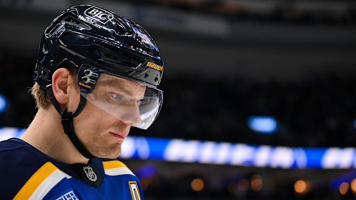 Jan 27, 2026; St. Louis, Missouri, USA; St. Louis Blues defenseman Colton Parayko (55) looks on during the first period against the Dallas Stars at Enterprise Center. Mandatory Credit: Jeff Curry-Imagn Images