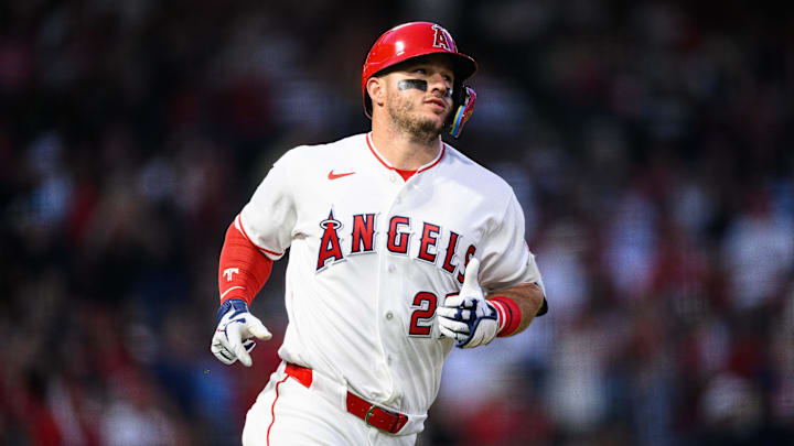 Apr 18, 2026; Anaheim, California, USA; Los Angeles Angels center fielder Mike Trout (27) runs during the third inning against the San Diego Padres at Angel Stadium. 