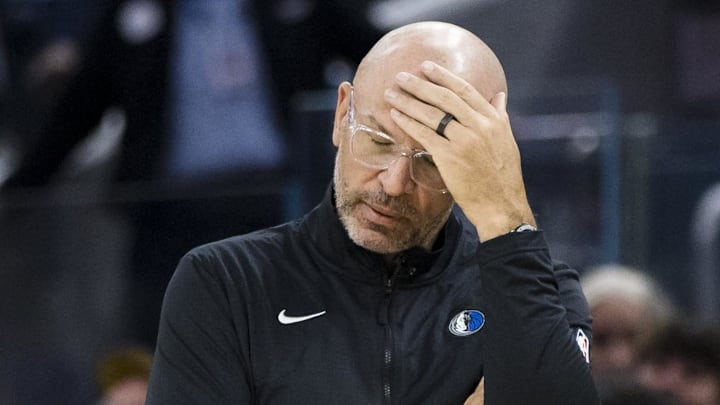 Feb 23, 2025; San Francisco, California, USA; Dallas Mavericks head coach Jason Kidd reacts during the second quarter of the game against the Golden State Warriors at Chase Center. Mandatory Credit: John Hefti-Imagn Images