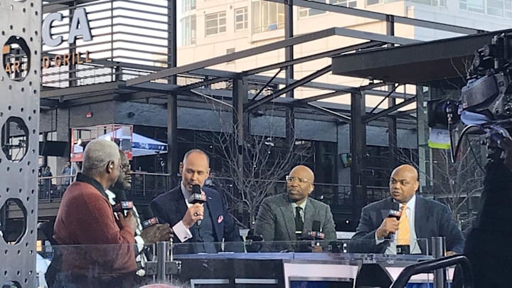 Former Bucks great Oscar Robertson, left, is interviewed on the TNT pregame show Wednesday by, starting with second from left, Shaquille O'Neal, Ernie Johnson, Kenny Smith and Charles Barkley.
