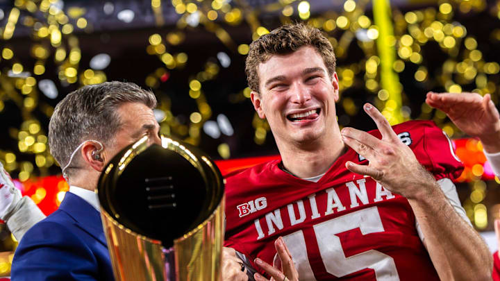 Indiana's Fernando Mendoza (15) smiles as he celebrates after the College Football Playoff National Championship college football game at Hard Rock Stadium in Miami Gardens on Monday, Jan. 19, 2026.