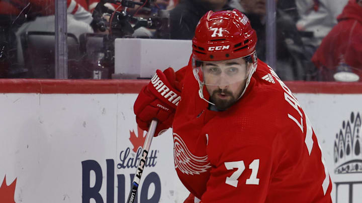 Detroit Red Wings center Dylan Larkin (71) skates with the puck. 