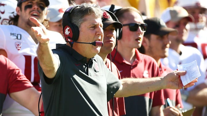 Washington State Cougars head coach Mike Leach against Arizona State Sun Devils in the second half during a game on Oct. 12, 2019 in Tempe, Ariz. Washington State Cougars head coach Mike Leach against Arizona State Sun Devils in the second half during a game on Oct. 12, 2019 in Tempe, Ariz.