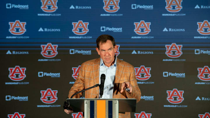 Auburn athletic director John Cohen speaks during a press conference at Woltosz Football Performance Center in Auburn, Ala. on Monday, Nov. 3, 2025.