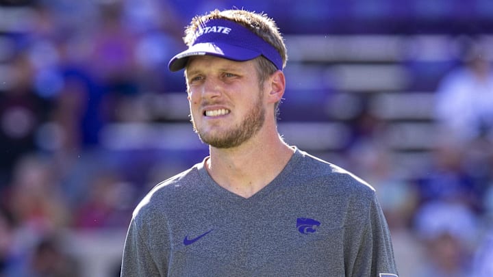 Kansas State Wildcats coach Collin Klein watches the team warm up before the start of a game against the South Dakota Coyotes at Bill Snyder Family Football Stadium. 