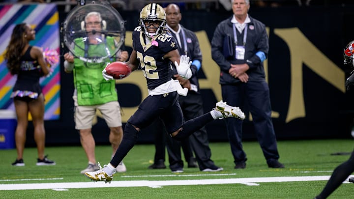Oct 13, 2024; New Orleans, Louisiana, USA; New Orleans Saints wide receiver Rashid Shaheed (22) returns a punt for a touchdown during the second quarter against the Tampa Bay Buccaneers at Caesars Superdome. Oct 13, 2024; New Orleans, Louisiana, USA; New Orleans Saints wide receiver Rashid Shaheed (22) returns a punt for a touchdown during the second quarter against the Tampa Bay Buccaneers at Caesars Superdome.