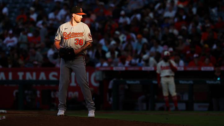 Jun 22, 2026; Anaheim, California, USA; Baltimore Orioles pitcher Kyle Bradish (38) on the mound at the bottom of the third inning at golden hour versus the Los Angeles Angels at Angel Stadium. Mandatory Credit: William Navarro-Imagn Images Jun 22, 2026; Anaheim, California, USA; Baltimore Orioles pitcher Kyle Bradish (38) on the mound at the bottom of the third inning at golden hour versus the Los Angeles Angels at Angel Stadium. Mandatory Credit: William Navarro-Imagn Images