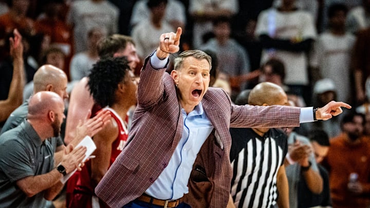 Alabama Crimson Tide head coach Nate Oats yells to his team in the second half as the Texas Longhorns take on the Crimson Tide at the Moody Center, Feb. 11, 2025.