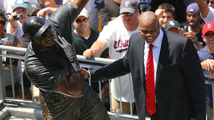 July 31, 2011; Chicago, IL, USA; Frank Thomas addresses the crowd during his day and the unveiling of his statue prior to a game between the Chicago White Sox and the Boston Red Sox at US Cellular Field. July 31, 2011; Chicago, IL, USA; Frank Thomas addresses the crowd during his day and the unveiling of his statue prior to a game between the Chicago White Sox and the Boston Red Sox at US Cellular Field.