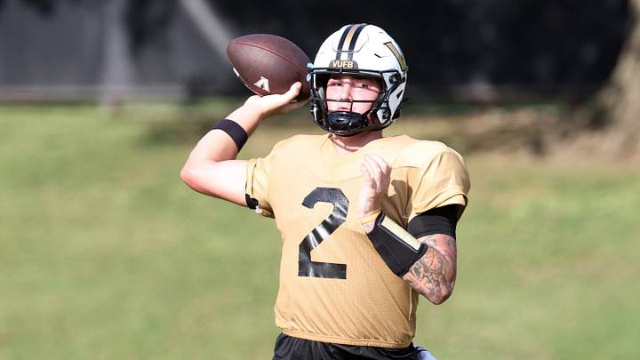Quarterback Jared Curtis (2) participates in Vanderbilt’s football practice Thursday, August 13, 2026 at McGugin Practice Field.