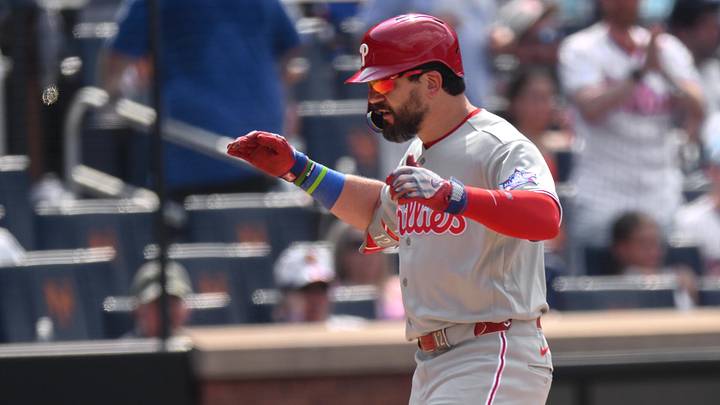 Jun 28, 2026; New York City, New York, USA; Philadelphia Phillies designated hitter Kyle Schwarber (12) reacts after hitting a two run home run against the New York Mets during the seventh inning at Citi Field