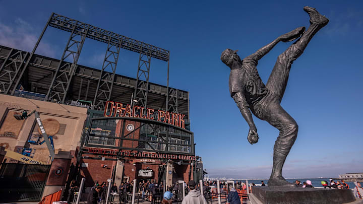 General view of the Juan Marichal statue at Oracle Park. General view of the Juan Marichal statue at Oracle Park.