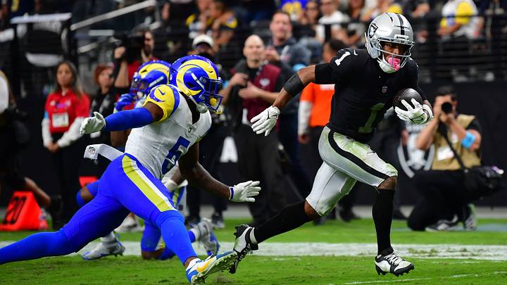 Las Vegas Raiders wide receiver Tre Tucker (1) makes a tocuhdown catch past Los Angeles Rams safety Kamren Kinchens (5) in the second half at Allegiant Stadium. Las Vegas Raiders wide receiver Tre Tucker (1) makes a tocuhdown catch past Los Angeles Rams safety Kamren Kinchens (5) in the second half at Allegiant Stadium.