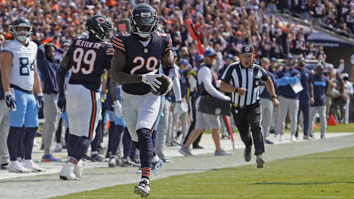 Tyrique Stevenson comes away with the game-deciding pick-6 against the Titans. Stevenson has a calf injury and was limited Thursday.