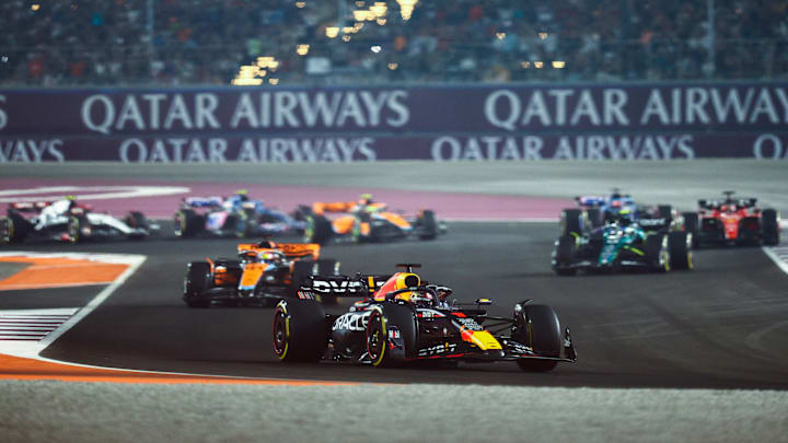 LUSAIL CITY, QATAR - OCTOBER 08: Max Verstappen of the Netherlands driving the (1) Oracle Red Bull Racing RB19 leads Oscar Piastri of Australia driving the (81) McLaren MCL60 Mercedes during the F1 Grand Prix of Qatar at Lusail International Circuit on October 08, 2023 in Lusail City, Qatar. (Photo by Clive Rose/Getty Images)