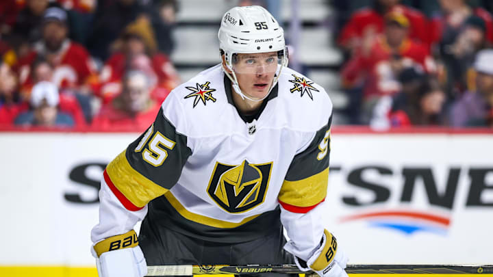 Apr 15, 2025; Calgary, Alberta, CAN; Vegas Golden Knights right wing Victor Olofsson (95) against the Calgary Flames during the first period at Scotiabank Saddledome. Mandatory Credit: Sergei Belski-Imagn Images
