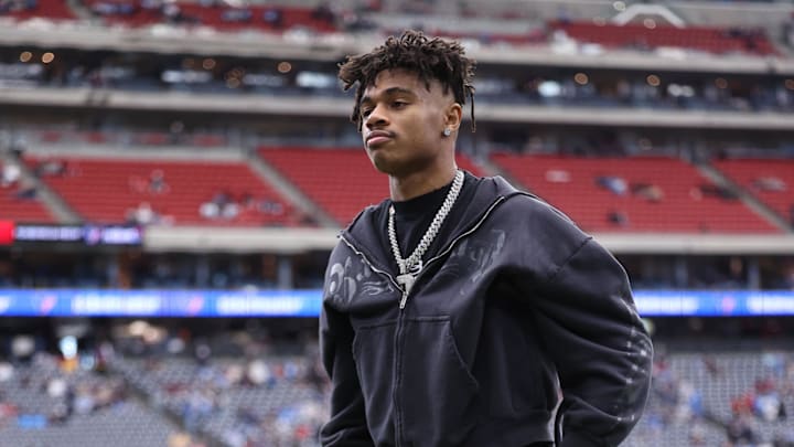 Jan 11, 2025; Houston, Texas, USA; Houston Texans wide receiver Tank Dell (3) walks on the field with crutches prior to the game against the Los Angeles Chargers in an AFC wild card game at NRG Stadium. Mandatory Credit: Troy Taormina-Imagn Images