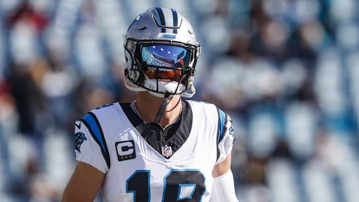 Dec 31, 2023; Jacksonville, Florida, USA; Carolina Panthers wide receiver Adam Thielen (19) during warm-ups against the Jacksonville Jaguars at EverBank Stadium. Mandatory Credit: Morgan Tencza-Imagn Images