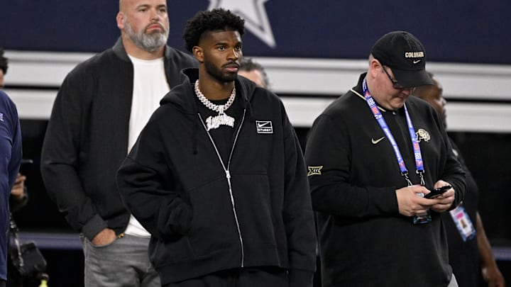 Jan 30, 2025; Arlington, TX, USA; West quarterback Shedeur Sanders of Colorado (2) looks on from the sidelines during the first half against the East at AT&T Stadium. Mandatory Credit: Jerome Miron-Imagn Images