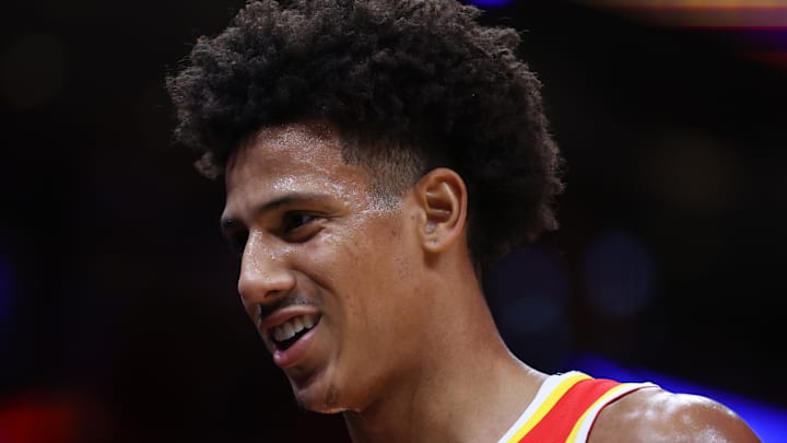 Jalen Johnson #1 of the Atlanta Hawks reacts against the Miami Heat.